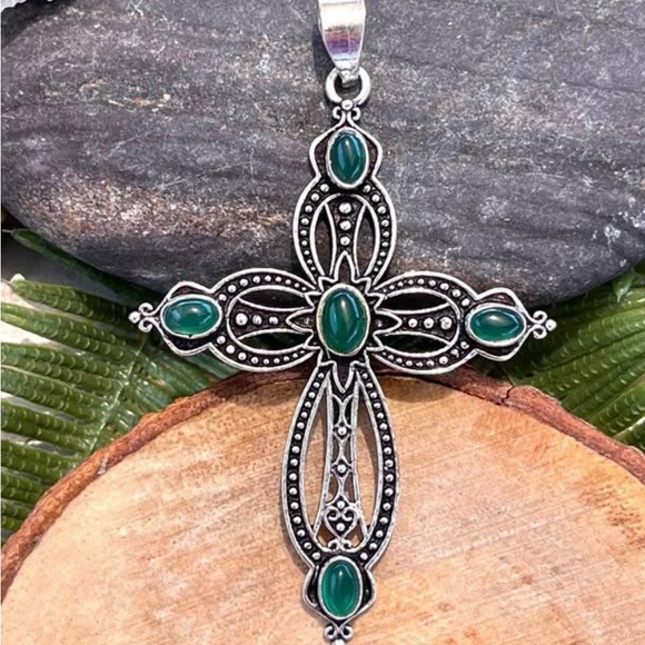 Green Onyx Sterling Silver 2.5” Cross Pendant - Picture 4 of 5